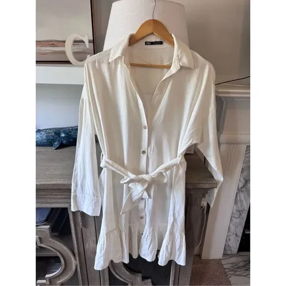Zara Linen Blend Belted Shirt Dress in Ecru Size Medium - Picture 4 of 11